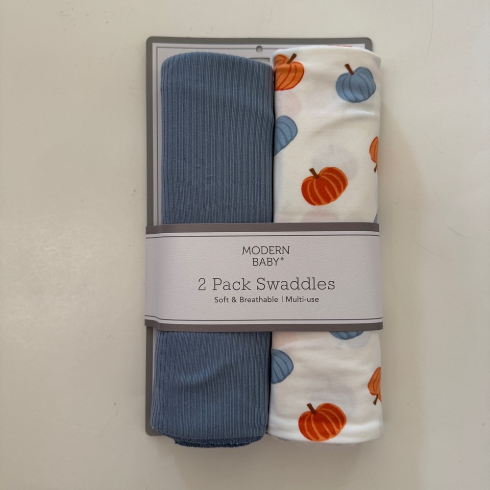 NEW Baby Blankets (0-3M) Pumpkin Print and Blue Solid | Modern Baby